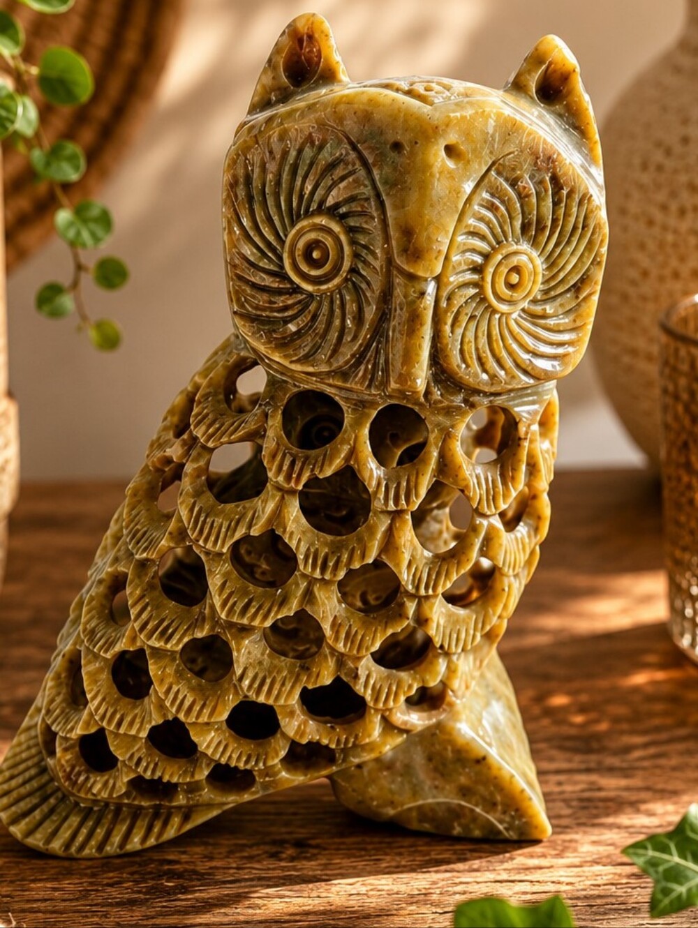 Vintage Hand Carved Soapstone Owl Sculpture | Openwork Stone Figurine | Boho